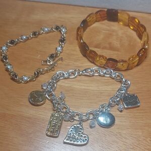 Lot Of 3 Bracelets Faux Pearl Charm 7" Faux Amber Stretch